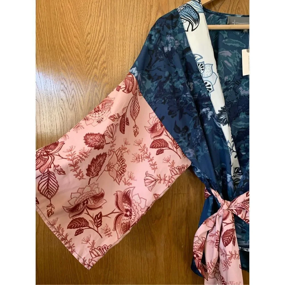 Anthropologie Tori Floral Cropped Belted Kimono Blue Multi One Size - Picture 8 of 13